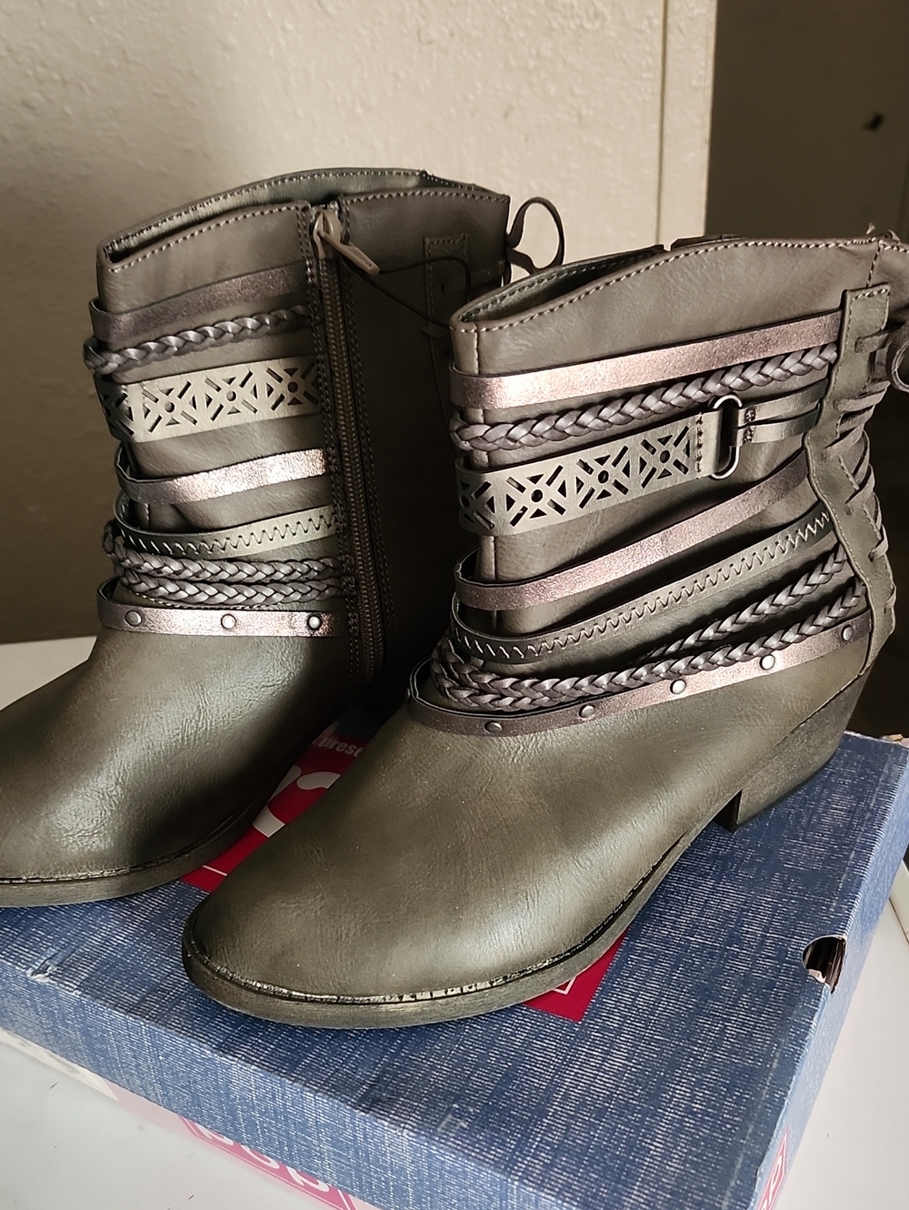 Women's Olive Ankle Boots with Braided Straps
